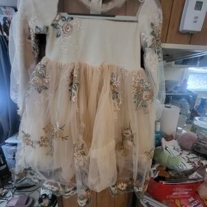 Girls Cream Floral Embroidered Tulle Costume Dress
